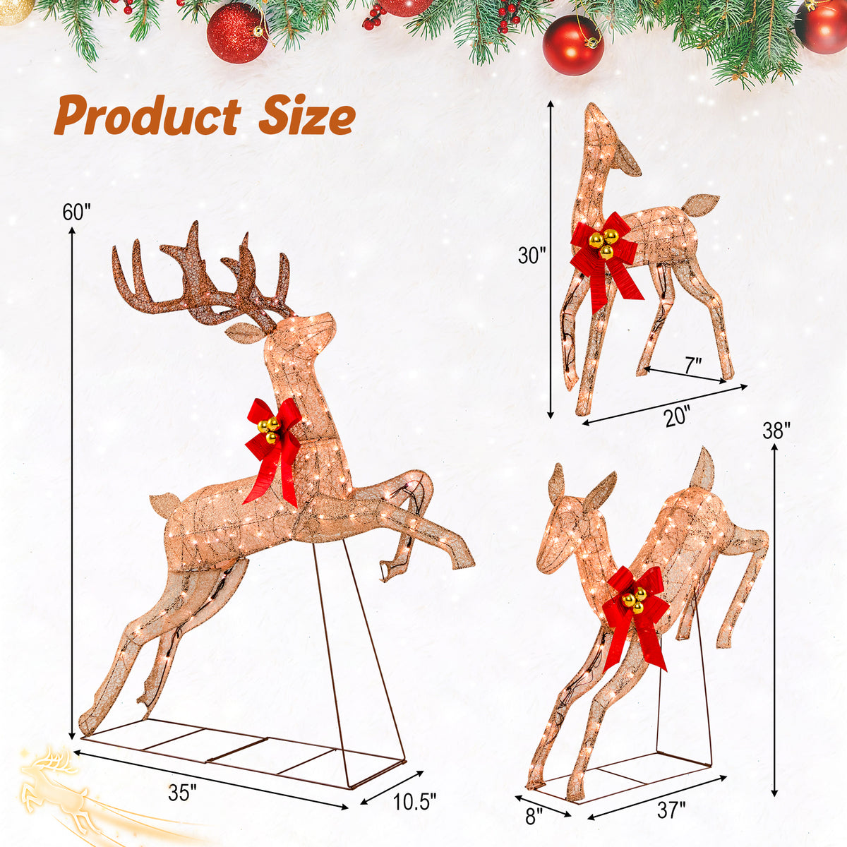 3 Pieces Lighted Christmas Reindeer Family Set with 255 Lights-Golden