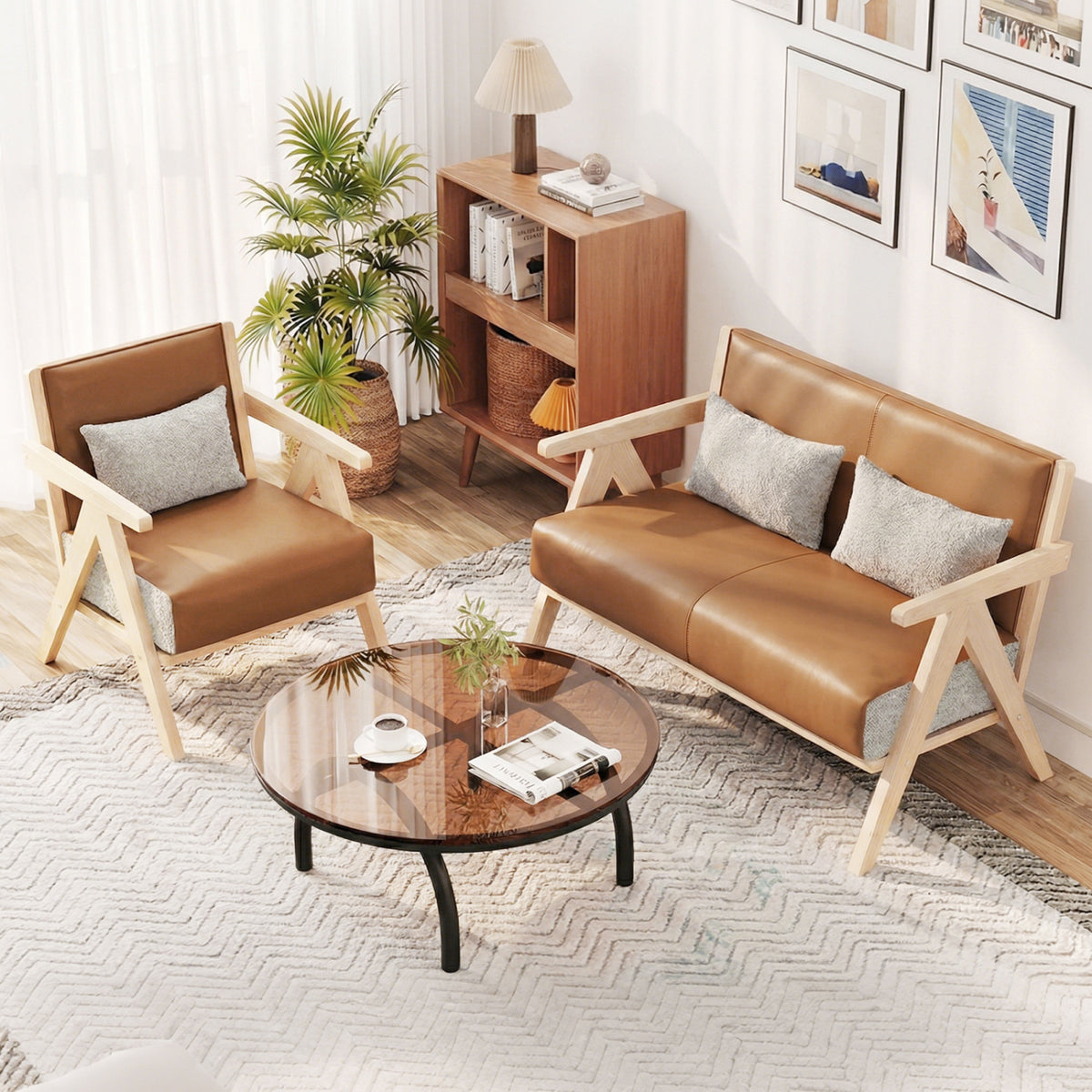 3 Pieces Living Room Furniture Set with Rubber Wood Frame-Brown
