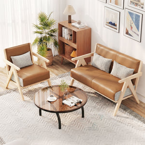 3 Pieces Living Room Furniture Set with Rubber Wood Frame-Brown