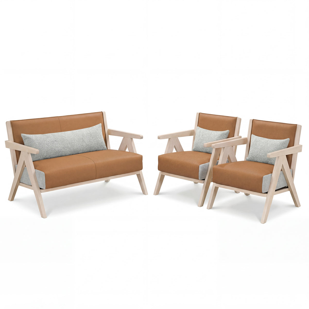 3 Pieces Living Room Furniture Set with Rubber Wood Frame-Brown