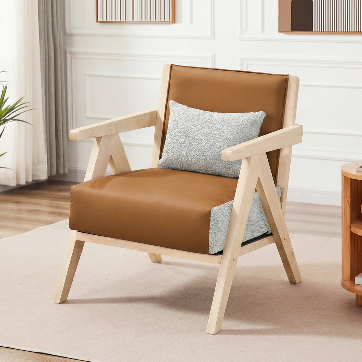 3 Pieces Living Room Furniture Set with Rubber Wood Frame-Brown