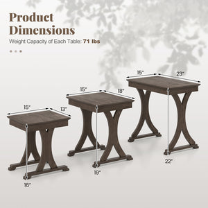 3 Pieces Nesting Coffee Table Side Table with Solid Rubber Wood Legs-Brown
