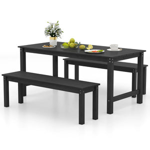 3 Pieces Outdoor Dining Table Set with 2 Benches-Black