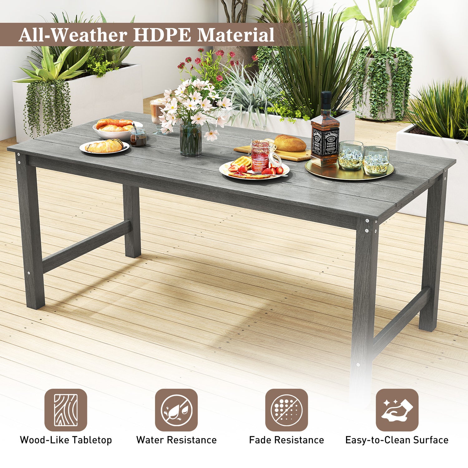 3 Pieces Outdoor Dining Table Set with 2 Benches-Gray