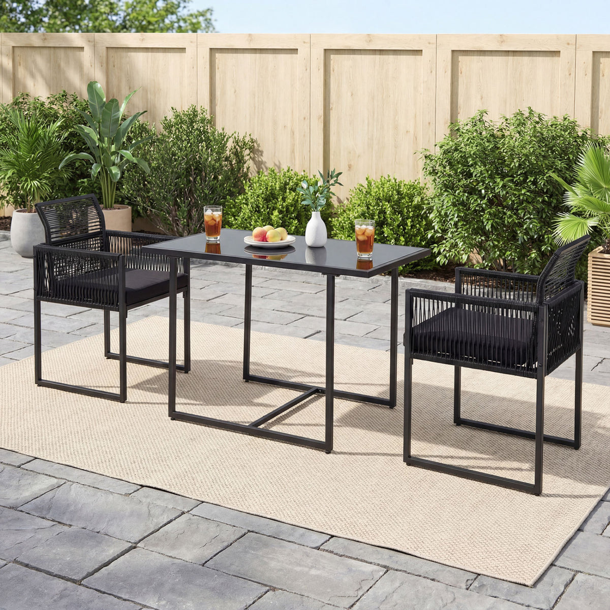 3 Pieces Outdoor Dining Set with Folding Backrest and Seat Cushion-Black