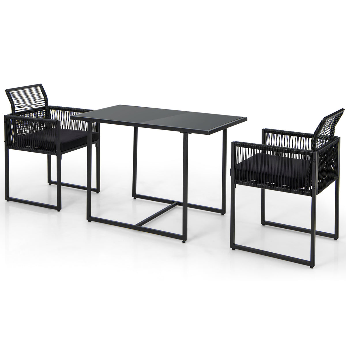 3 Pieces Outdoor Dining Set with Folding Backrest and Seat Cushion-Black