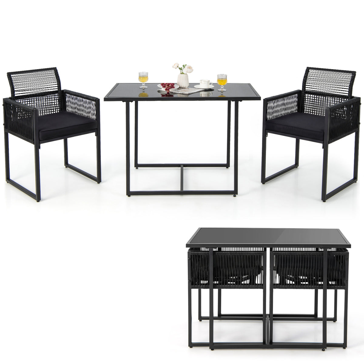 3 Pieces Outdoor Dining Set with Folding Backrest and Seat Cushion-Black