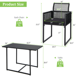 3 Pieces Outdoor Dining Set with Folding Backrest and Seat Cushion-Black