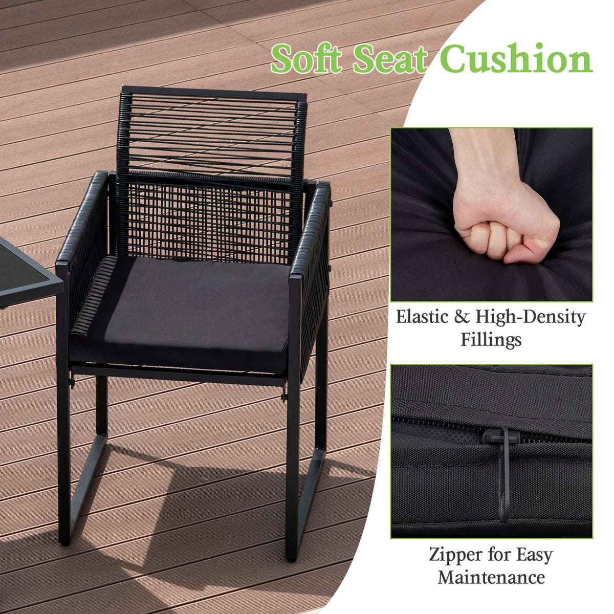 3 Pieces Outdoor Dining Set with Folding Backrest and Seat Cushion-Black