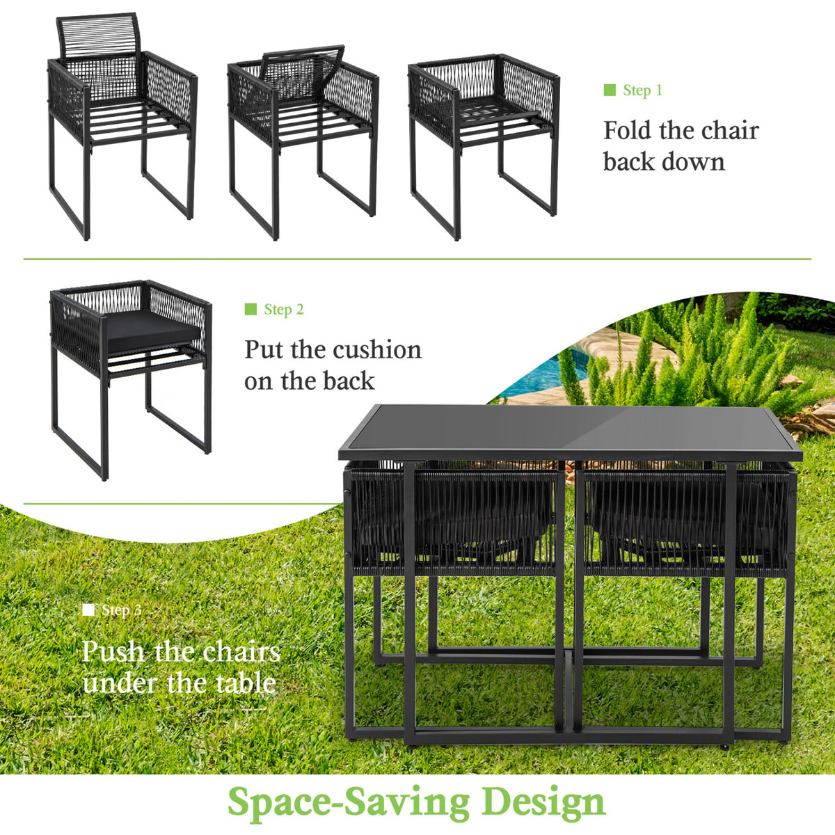 3 Pieces Outdoor Dining Set with Folding Backrest and Seat Cushion-Black