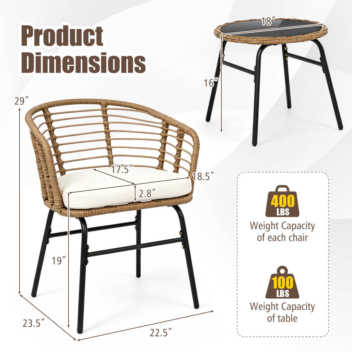 3 Pieces Outdoor Patio Furniture Set with Soft Cushions-White