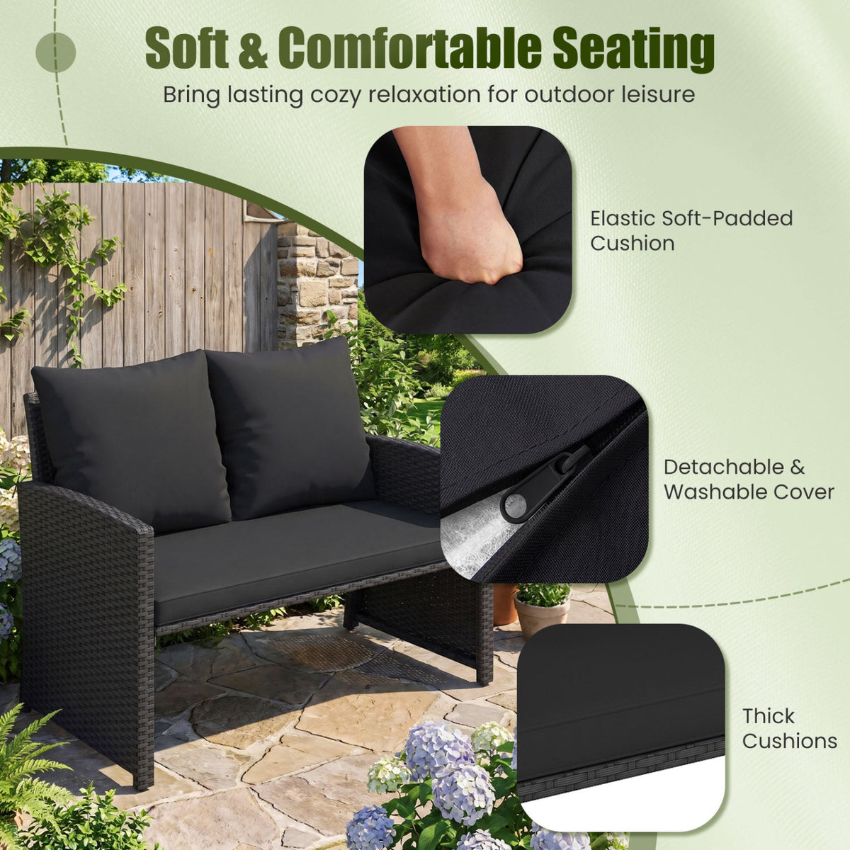 3 Pieces Outdoor Patio PE Wicker Furniture Set with Cushions-Black color