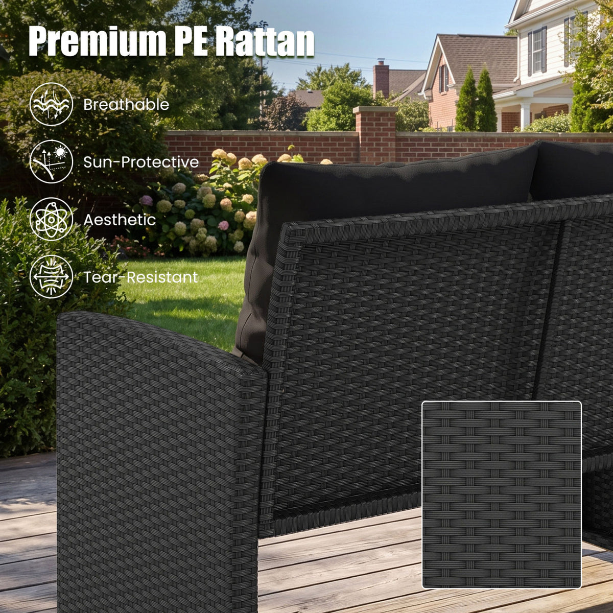 3 Pieces Outdoor Patio PE Wicker Furniture Set with Cushions-Black color