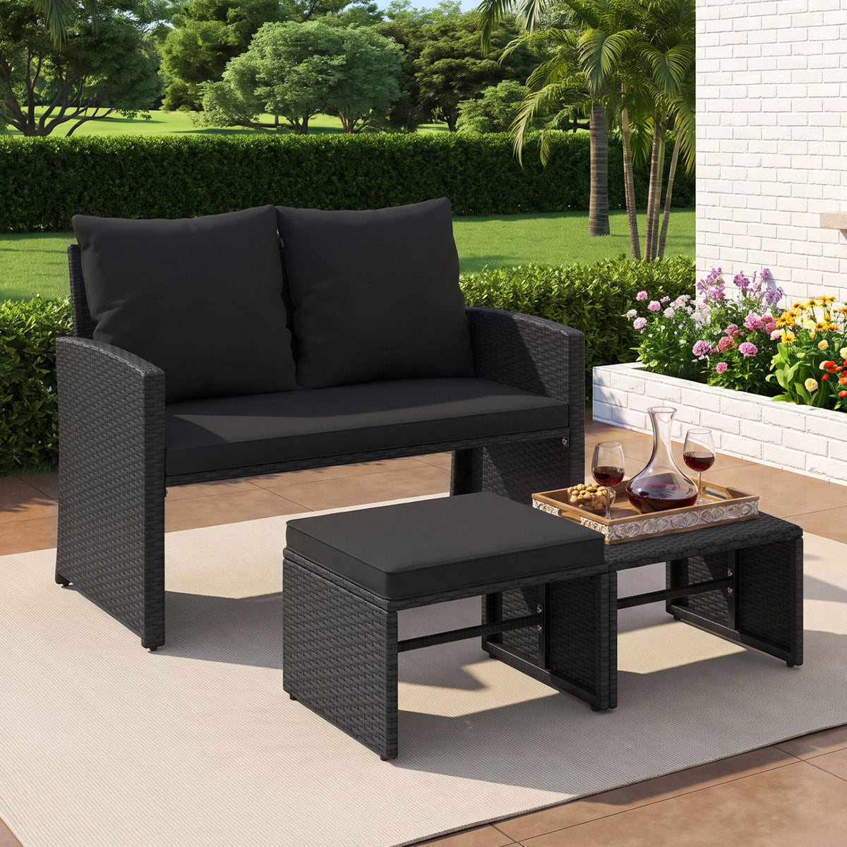 3 Pieces Outdoor Patio PE Wicker Furniture Set with Cushions-Black color