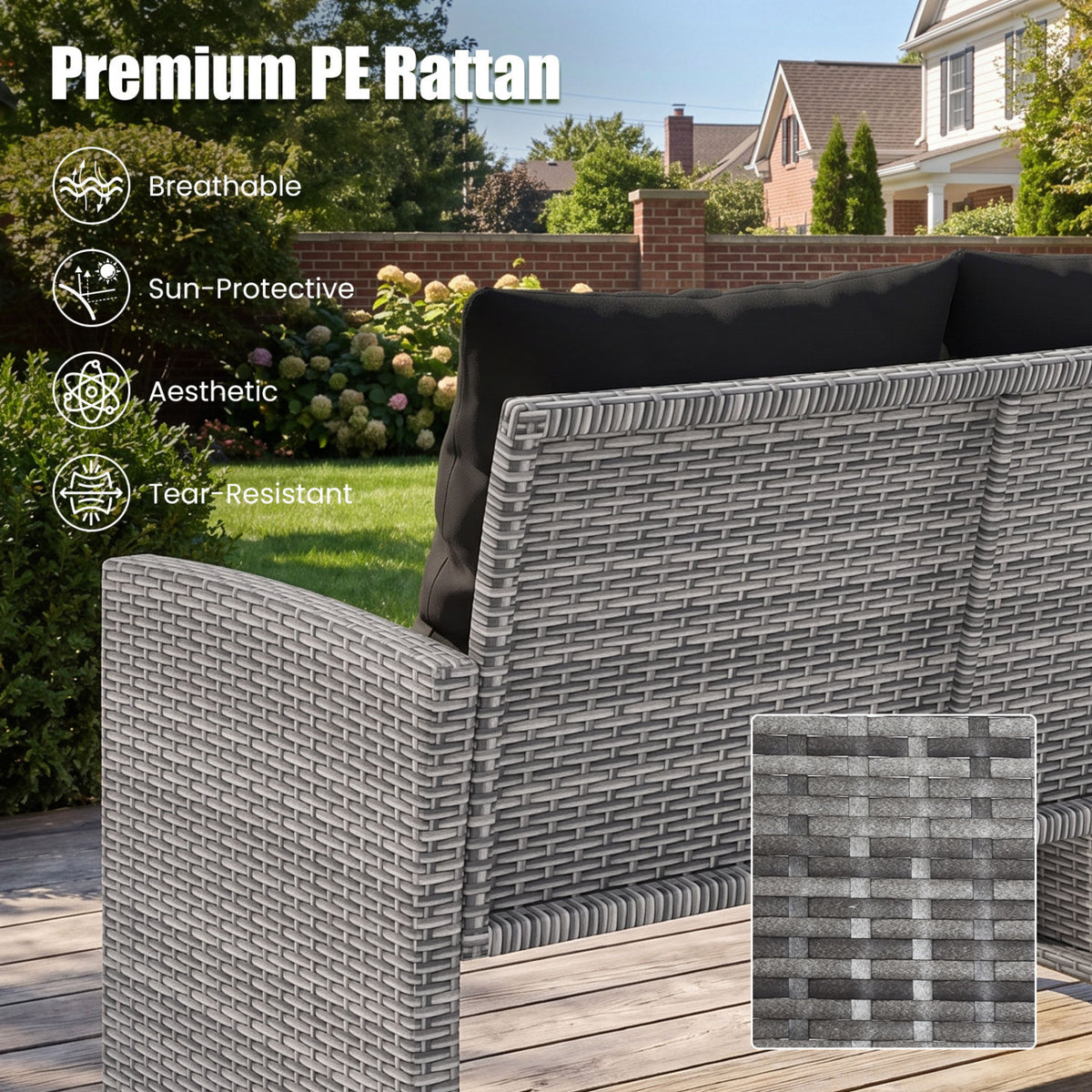 3 Pieces Outdoor Patio PE Wicker Furniture Set with Cushions-Gray