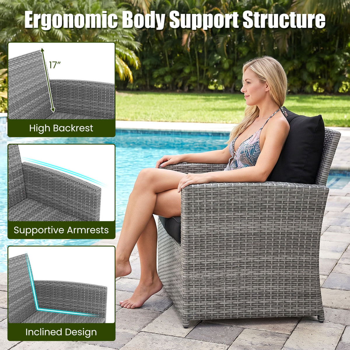 3 Pieces Outdoor Patio PE Wicker Furniture Set with Cushions-Gray