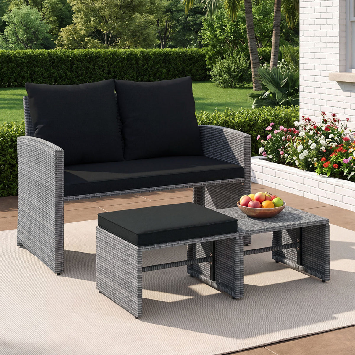 3 Pieces Outdoor Patio PE Wicker Furniture Set with Cushions-Gray