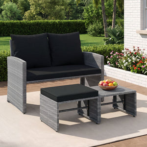 3 Pieces Outdoor Patio PE Wicker Furniture Set with Cushions-Gray