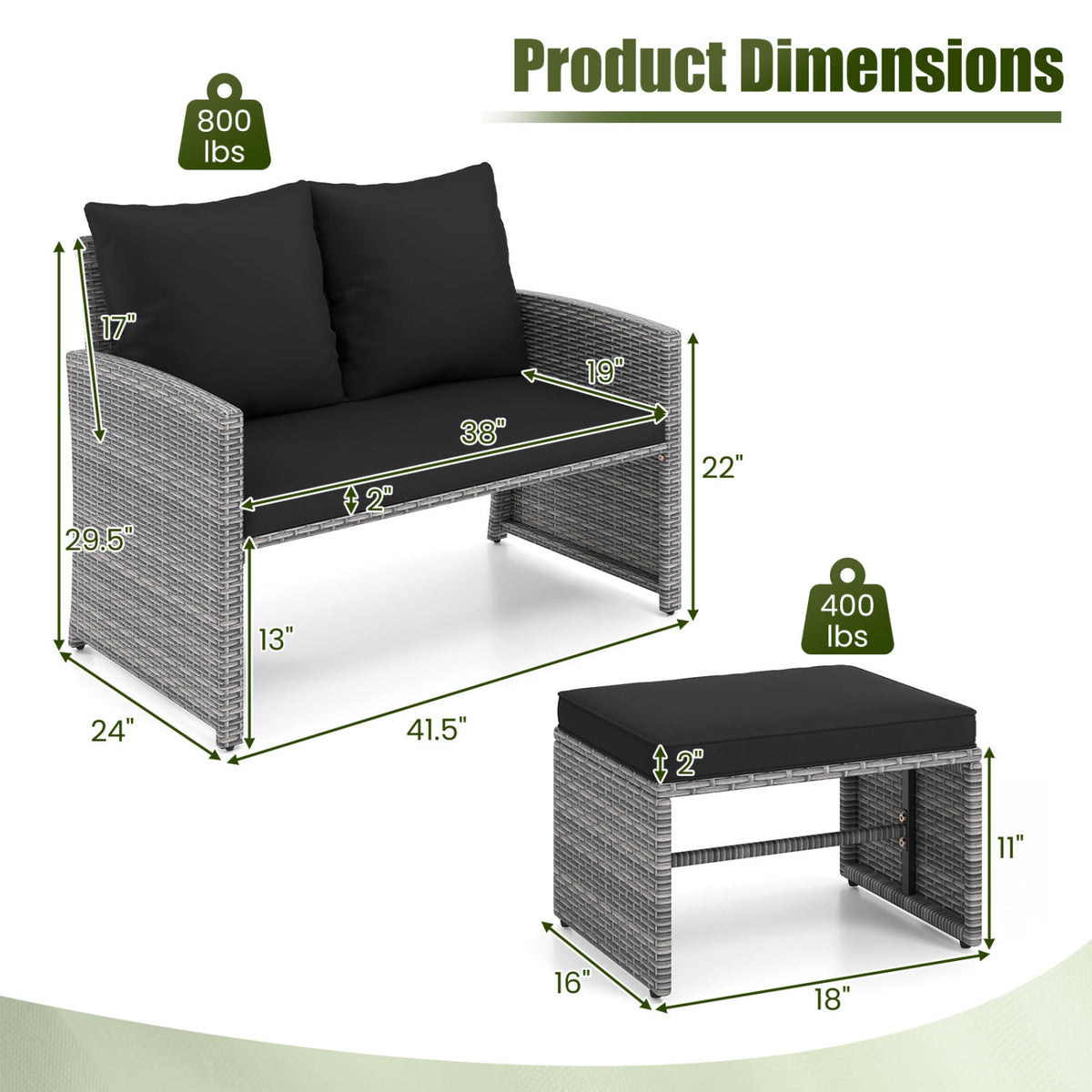 3 Pieces Outdoor Patio PE Wicker Furniture Set with Cushions-Gray