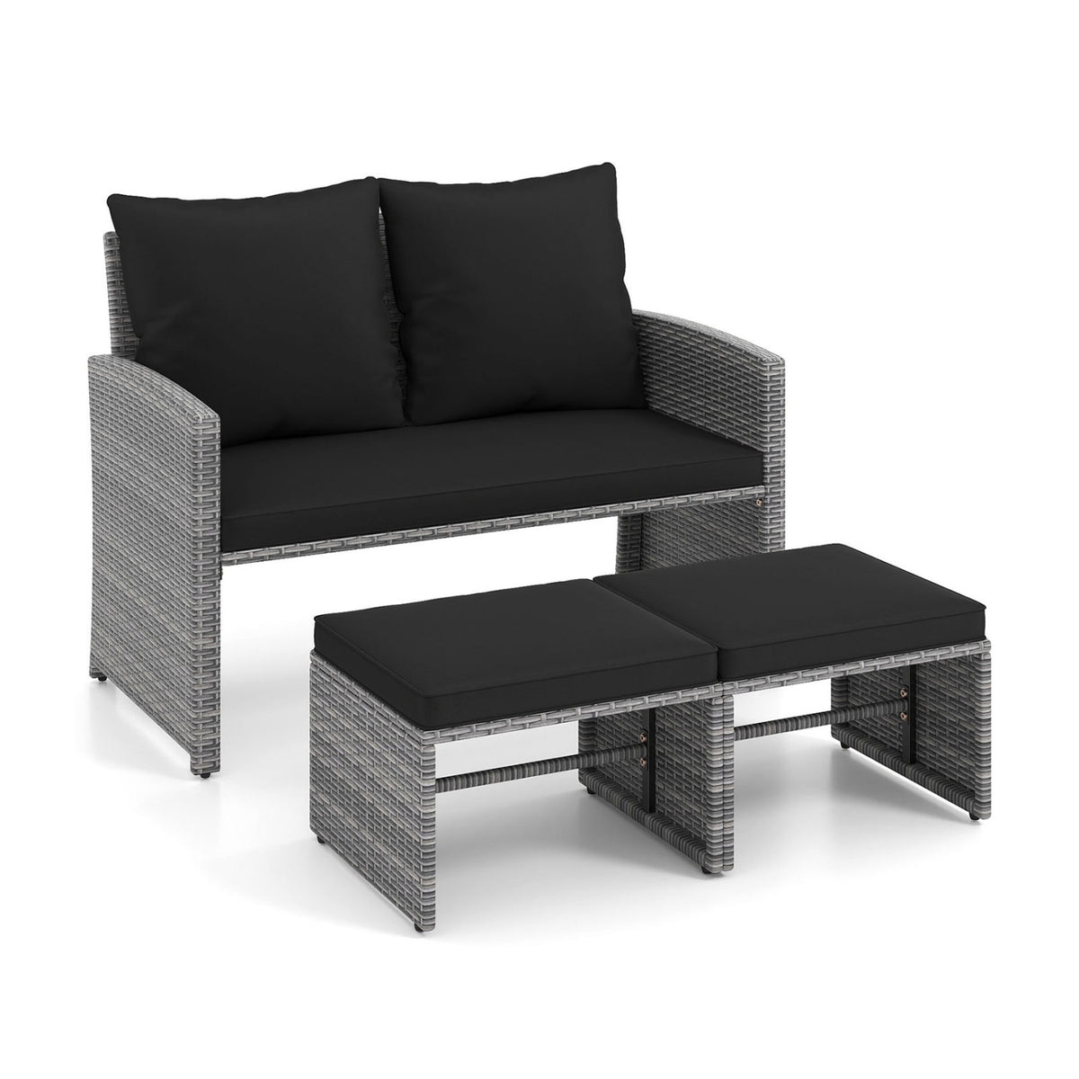 3 Pieces Outdoor Patio PE Wicker Furniture Set with Cushions-Gray
