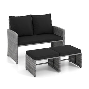 3 Pieces Outdoor Patio PE Wicker Furniture Set with Cushions-Gray