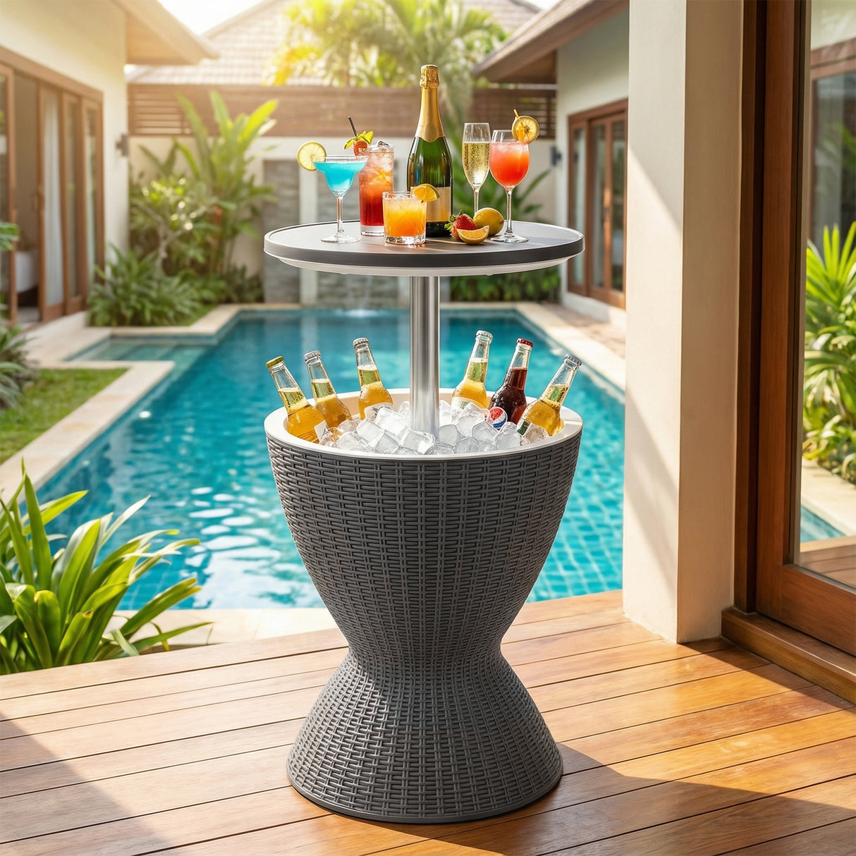 3 Pieces Outdoor Rattan Bar Table with Extendable Tabletop-Gray