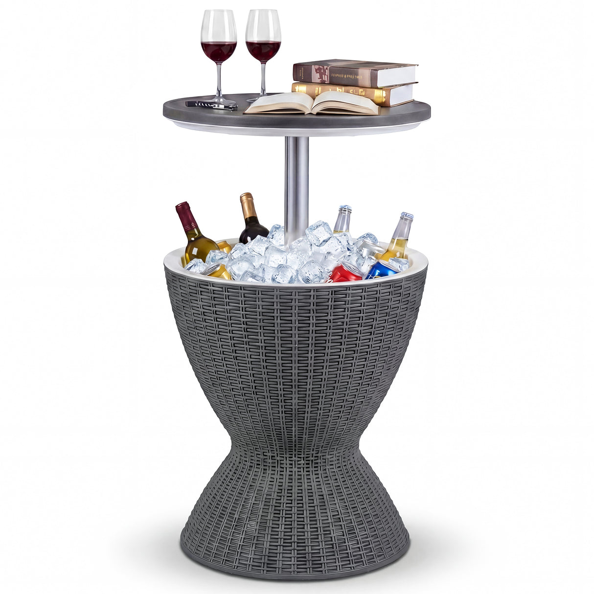 3 Pieces Outdoor Rattan Bar Table with Extendable Tabletop-Gray