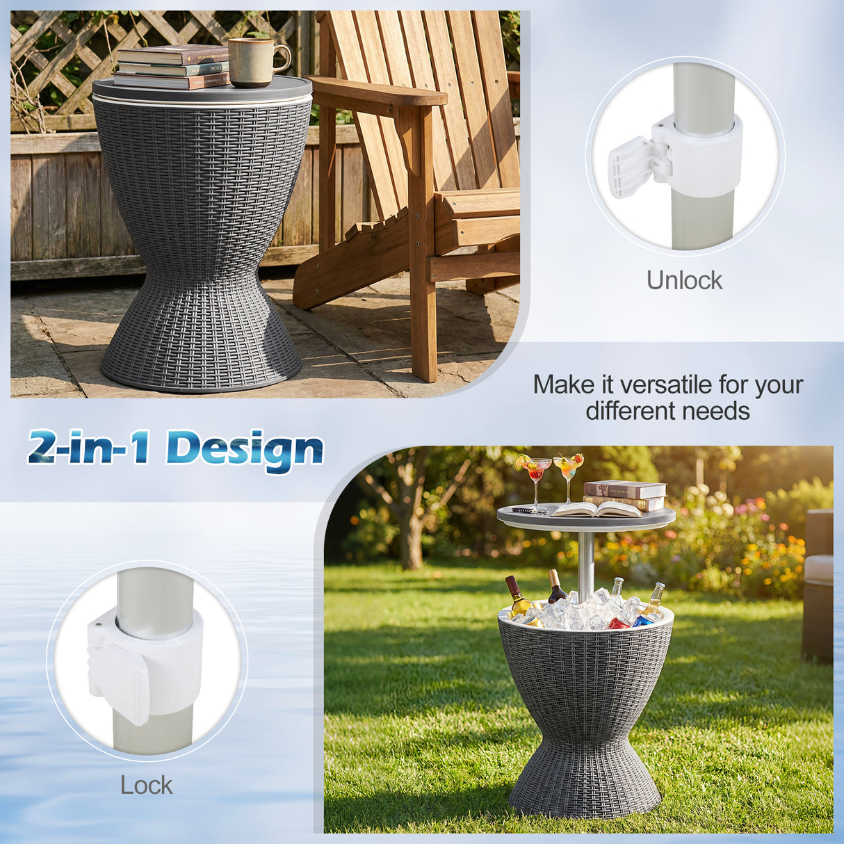3 Pieces Outdoor Rattan Bar Table with Extendable Tabletop-Gray