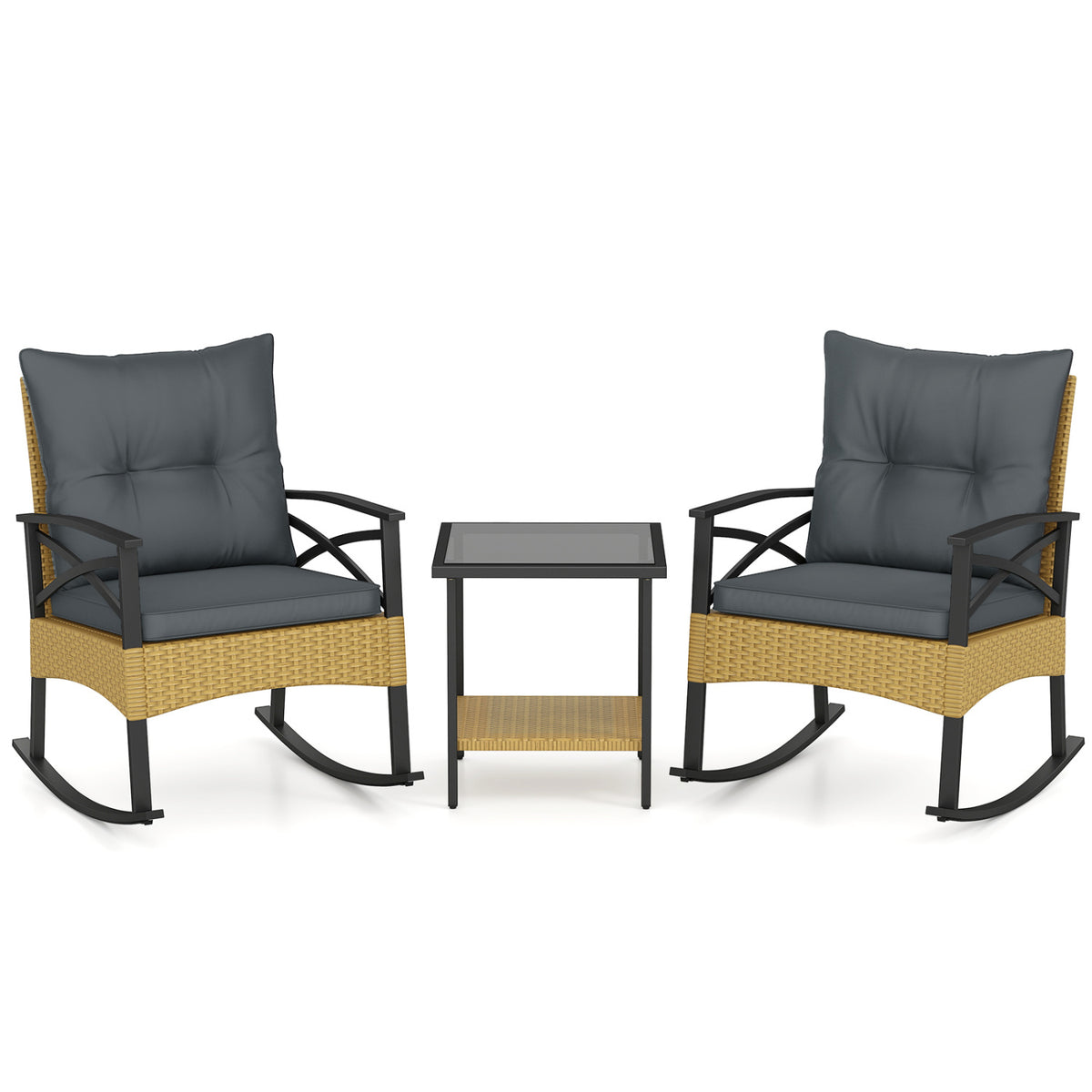 3 Pieces Outdoor Rattan Rocking Chairs Set with  2-Tier Side Table for Garden Backyard-Gray