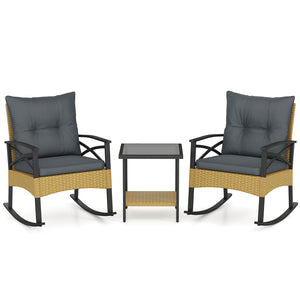 3 Pieces Outdoor Rattan Rocking Chairs Set with  2-Tier Side Table for Garden Backyard-Gray