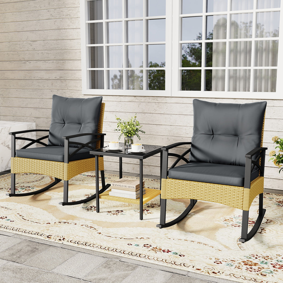 3 Pieces Outdoor Rattan Rocking Chairs Set with  2-Tier Side Table for Garden Backyard-Gray