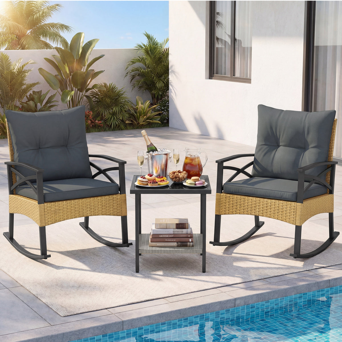 3 Pieces Outdoor Rattan Rocking Chairs Set with  2-Tier Side Table for Garden Backyard-Gray