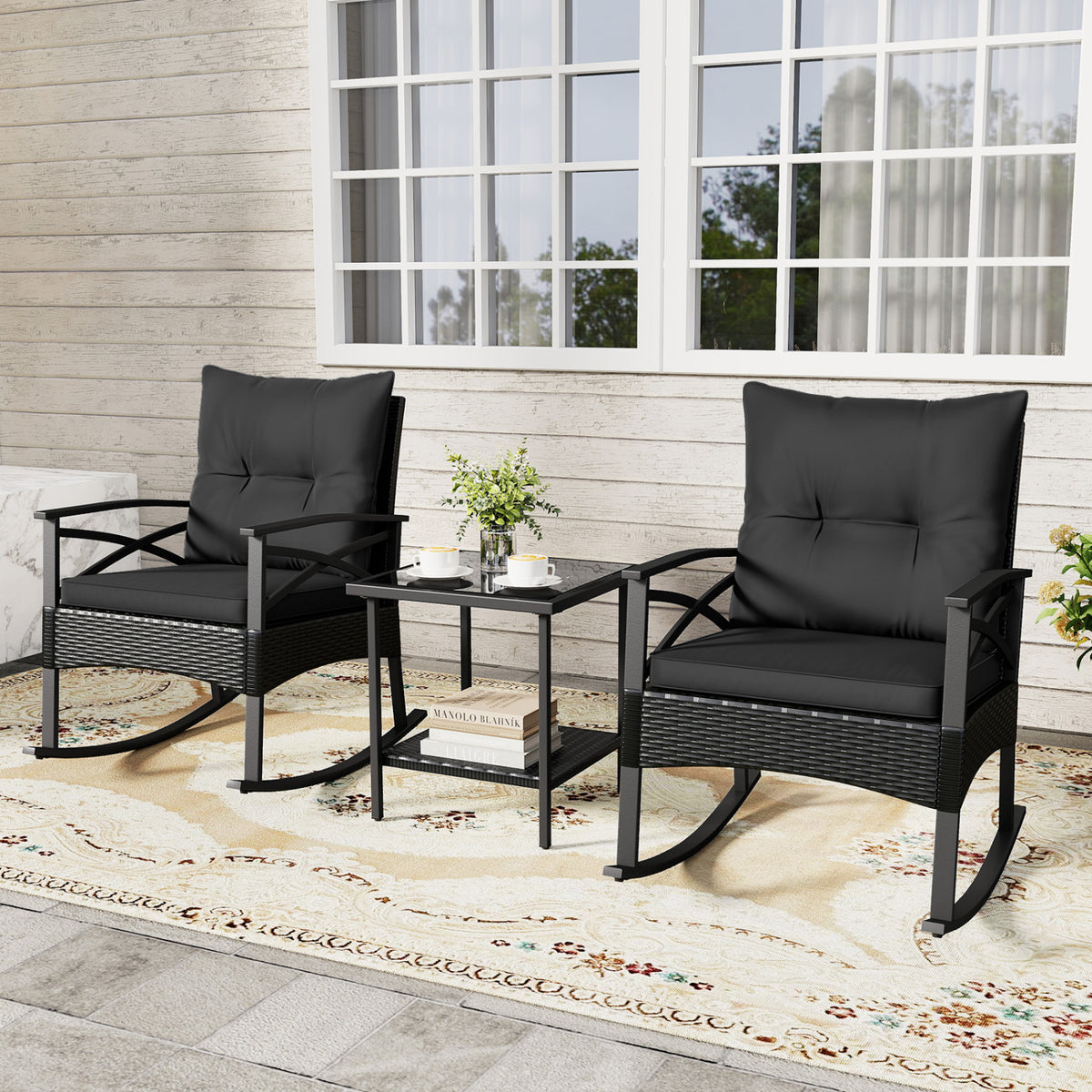 3 Pieces Outdoor Rattan Rocking Chairs Set with  2-Tier Side Table for Garden Backyard-Black