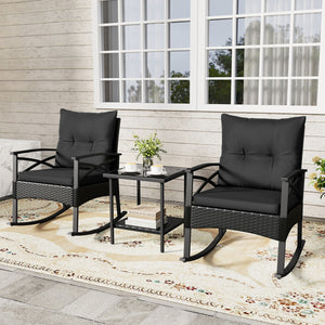 3 Pieces Outdoor Rattan Rocking Chairs Set with  2-Tier Side Table for Garden Backyard-Black