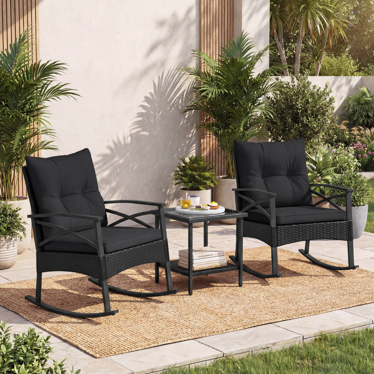 3 Pieces Outdoor Rattan Rocking Chairs Set with  2-Tier Side Table for Garden Backyard-Black