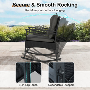3 Pieces Outdoor Rattan Rocking Chairs Set with  2-Tier Side Table for Garden Backyard-Black