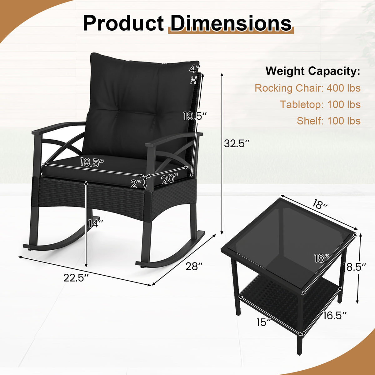 3 Pieces Outdoor Rattan Rocking Chairs Set with  2-Tier Side Table for Garden Backyard-Black