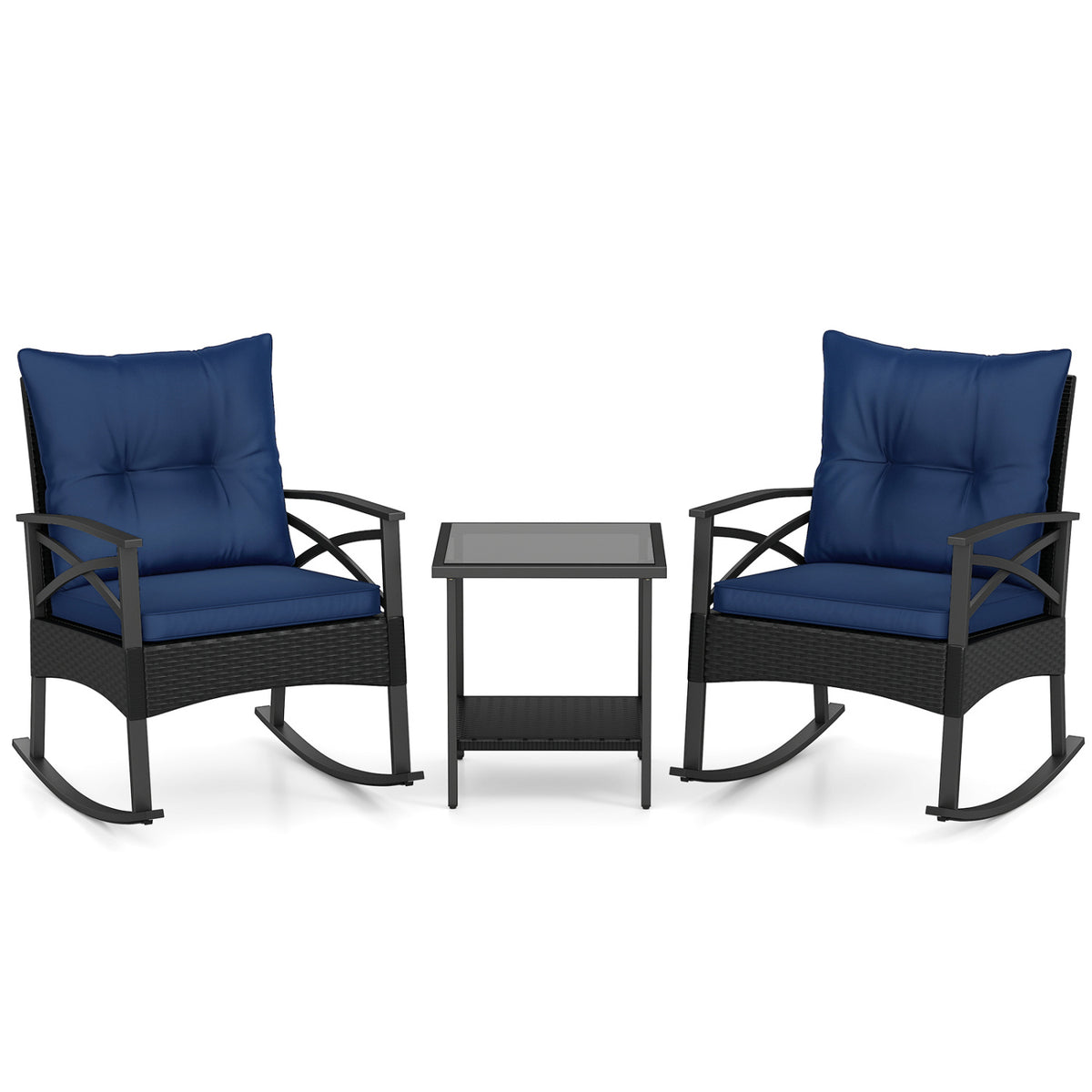 3 Pieces Outdoor Rattan Rocking Chairs Set with  2-Tier Side Table for Garden Backyard-Navy