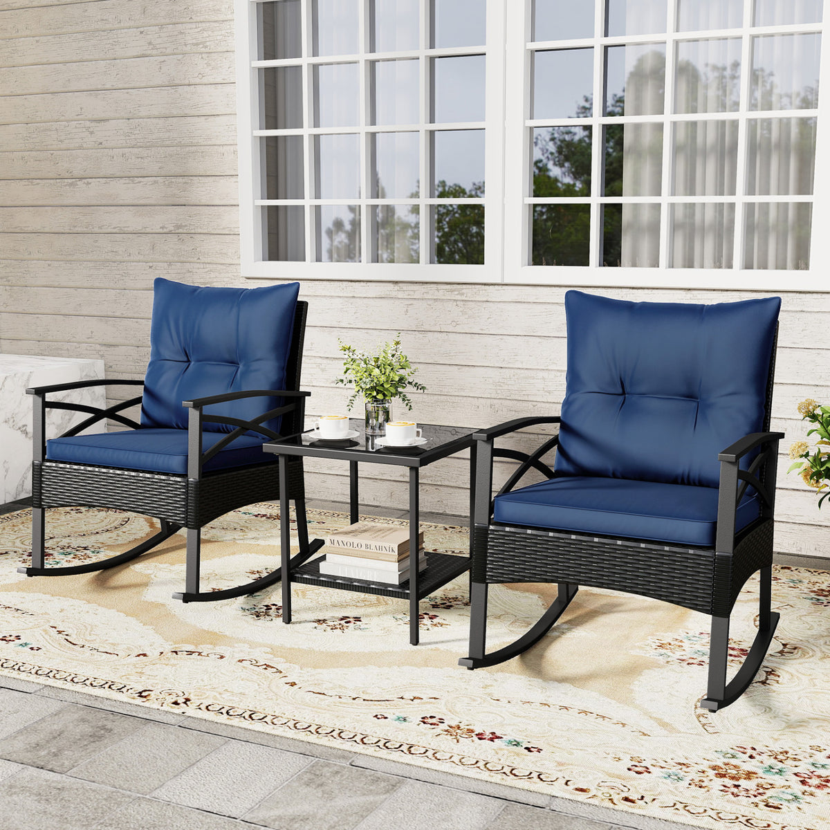 3 Pieces Outdoor Rattan Rocking Chairs Set with  2-Tier Side Table for Garden Backyard-Navy