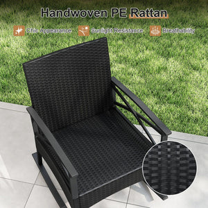 3 Pieces Outdoor Rattan Rocking Chairs Set with  2-Tier Side Table for Garden Backyard-Navy