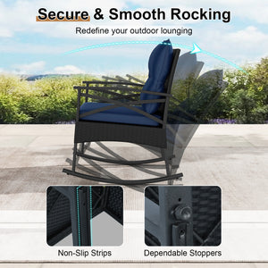 3 Pieces Outdoor Rattan Rocking Chairs Set with  2-Tier Side Table for Garden Backyard-Navy