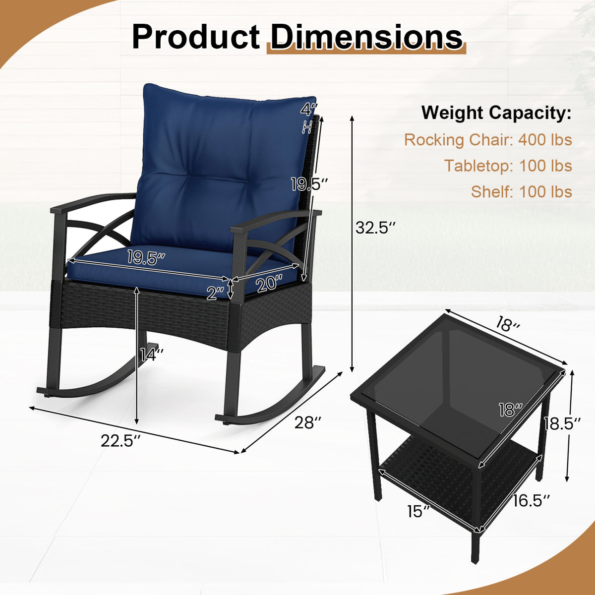 3 Pieces Outdoor Rattan Rocking Chairs Set with  2-Tier Side Table for Garden Backyard-Navy