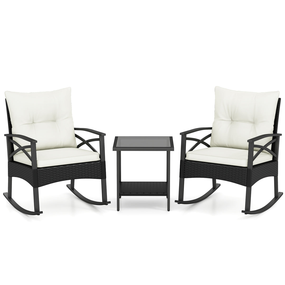 3 Pieces Outdoor Rattan Rocking Chairs Set with  2-Tier Side Table for Garden Backyard-White