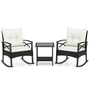 3 Pieces Outdoor Rattan Rocking Chairs Set with  2-Tier Side Table for Garden Backyard-White