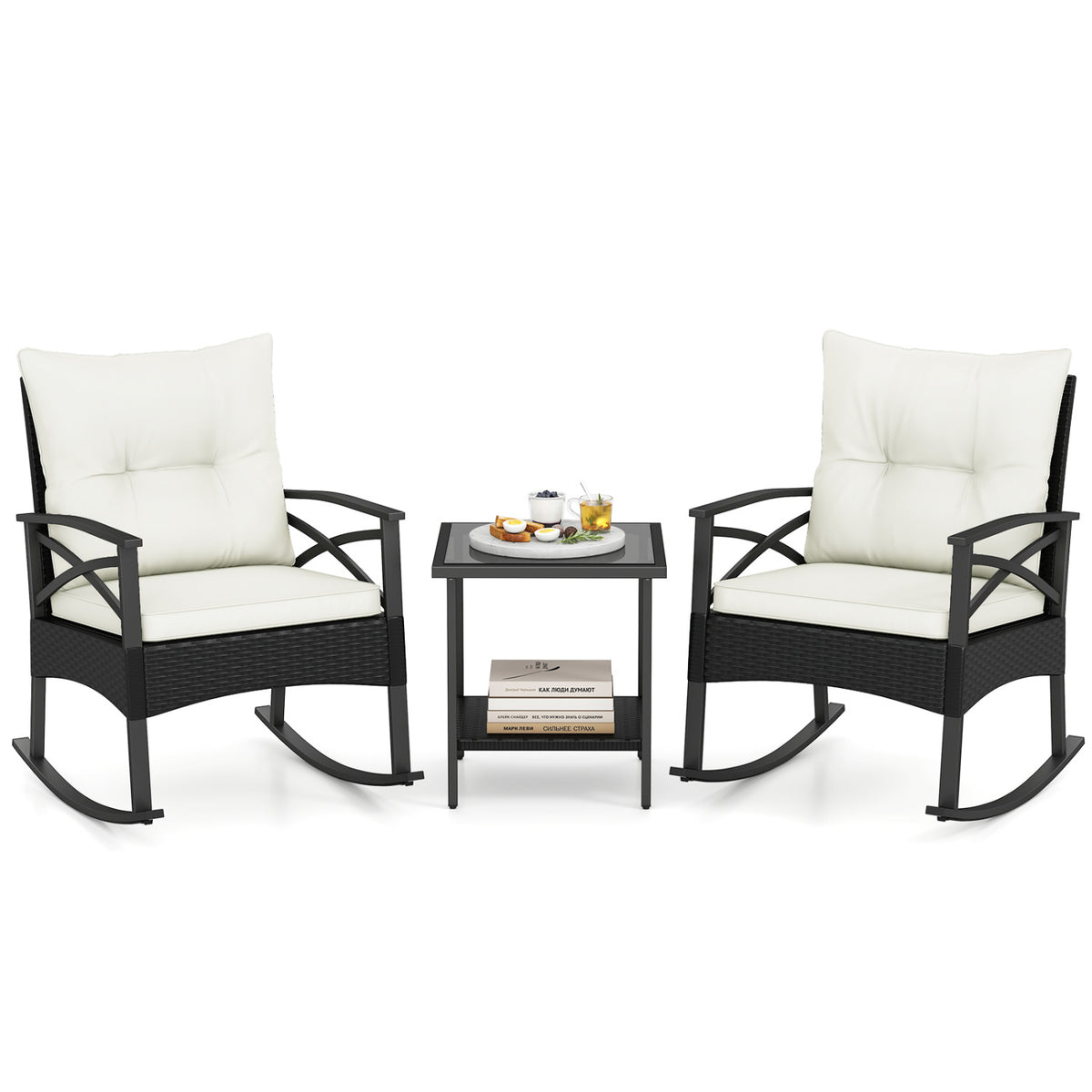 3 Pieces Outdoor Rattan Rocking Chairs Set with  2-Tier Side Table for Garden Backyard-White