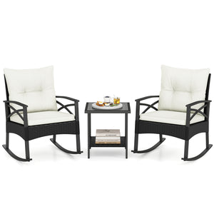 3 Pieces Outdoor Rattan Rocking Chairs Set with  2-Tier Side Table for Garden Backyard-White