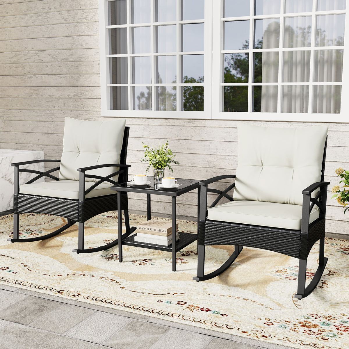 3 Pieces Outdoor Rattan Rocking Chairs Set with  2-Tier Side Table for Garden Backyard-White