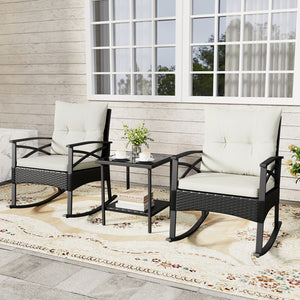 3 Pieces Outdoor Rattan Rocking Chairs Set with  2-Tier Side Table for Garden Backyard-White