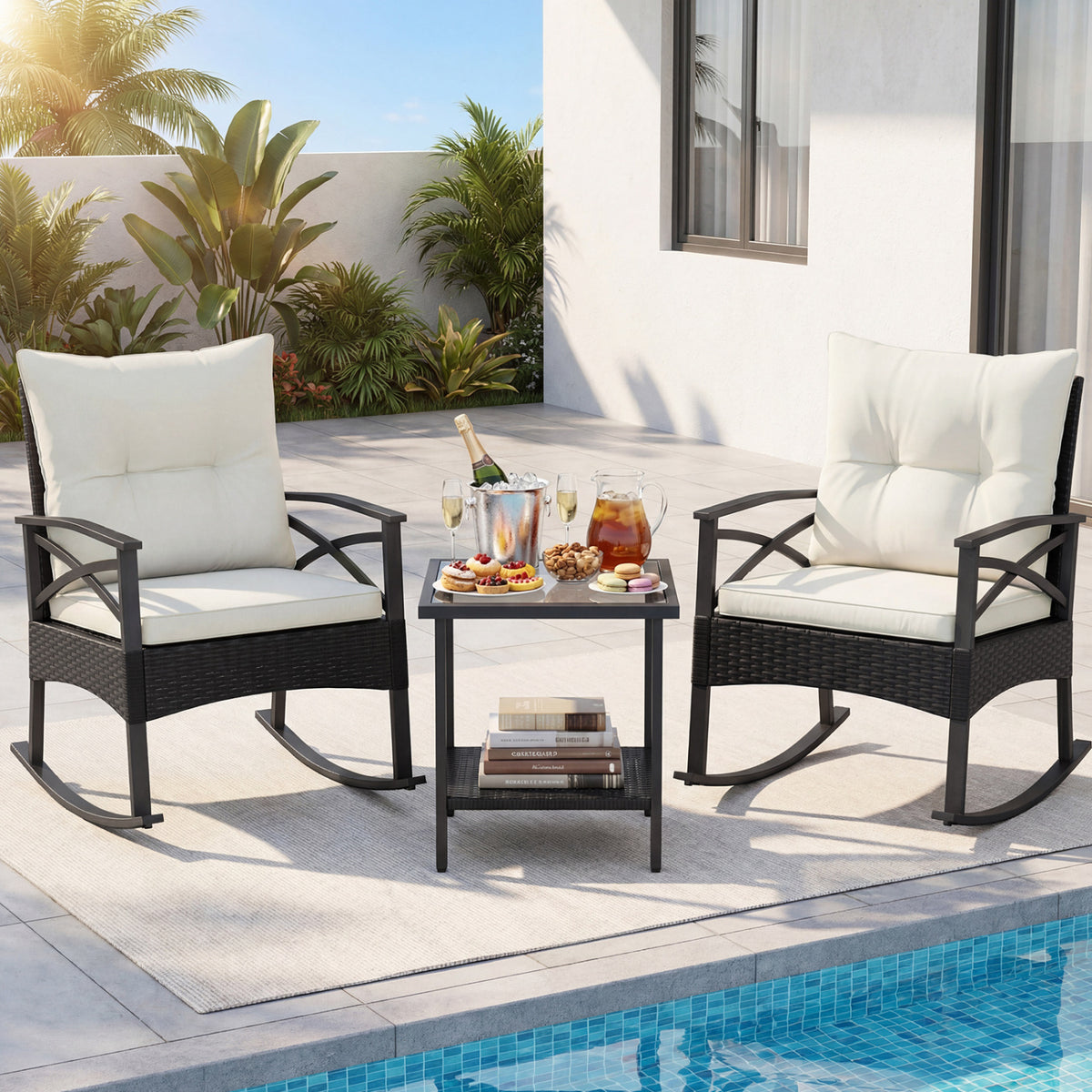 3 Pieces Outdoor Rattan Rocking Chairs Set with  2-Tier Side Table for Garden Backyard-White
