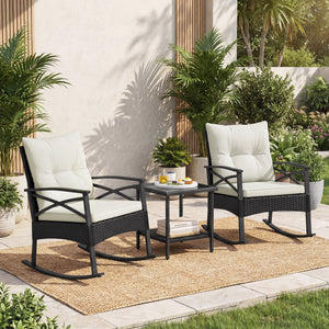 3 Pieces Outdoor Rattan Rocking Chairs Set with  2-Tier Side Table for Garden Backyard-White